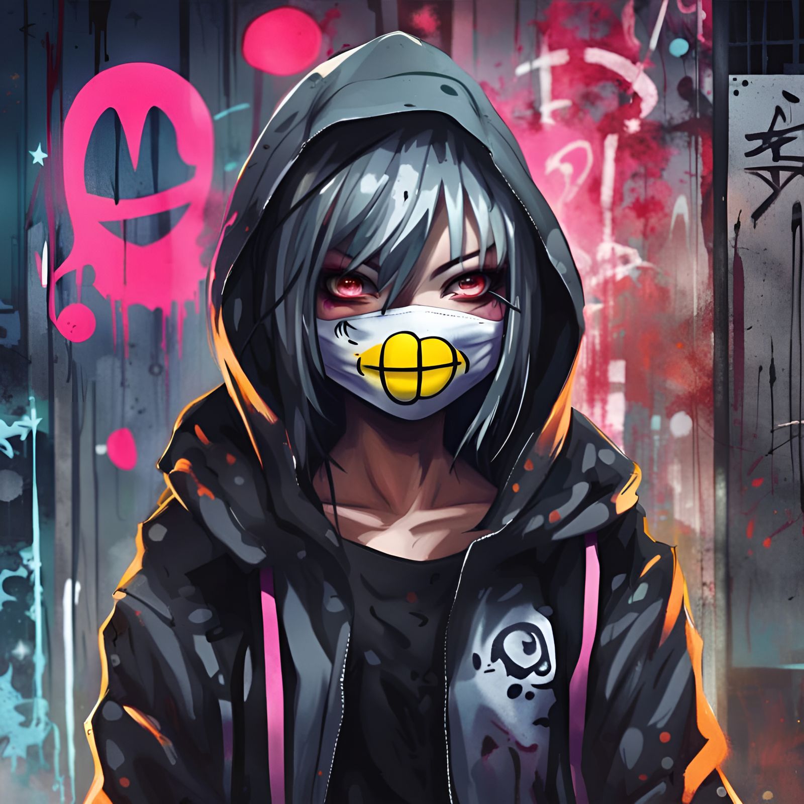 Cyberpunk Masked Girl in Graffiti Horror Art