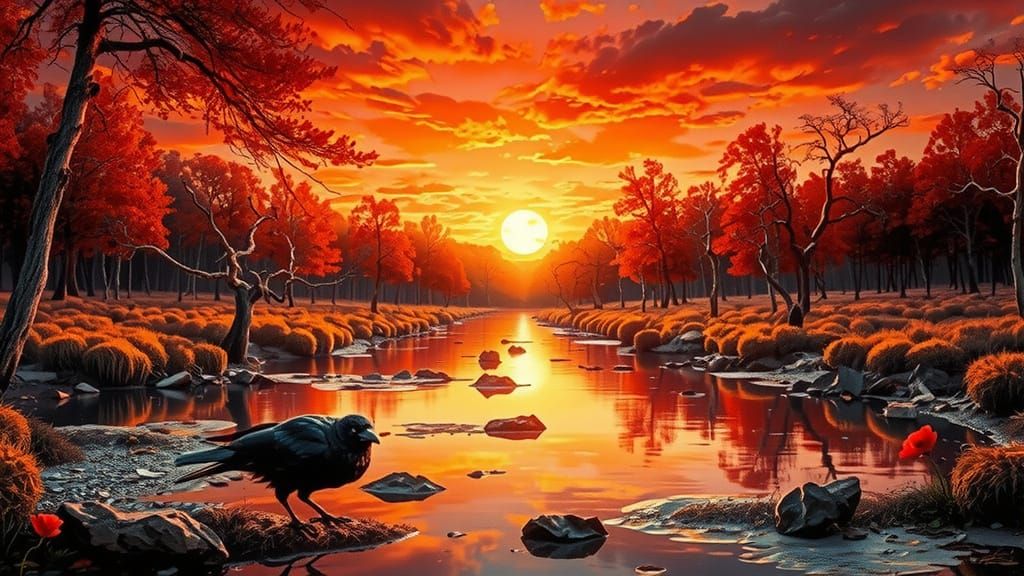 Crow Perched at Dusk as Impasto Painting