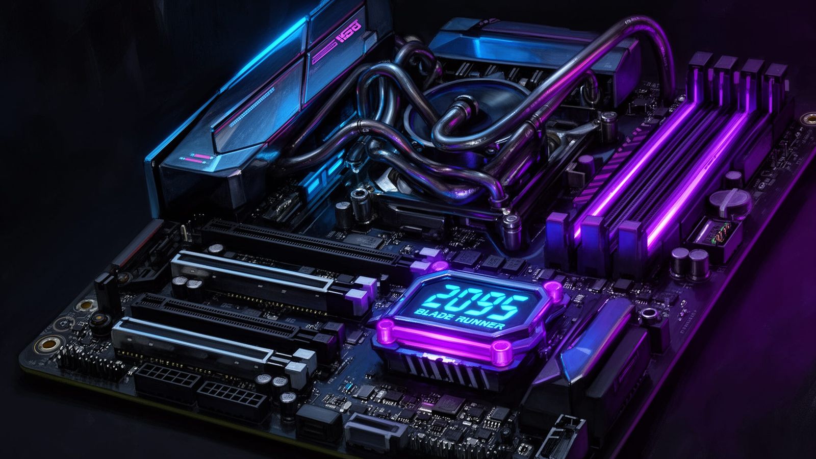 Cyberpunk PC Motherboard with Neon Lights
