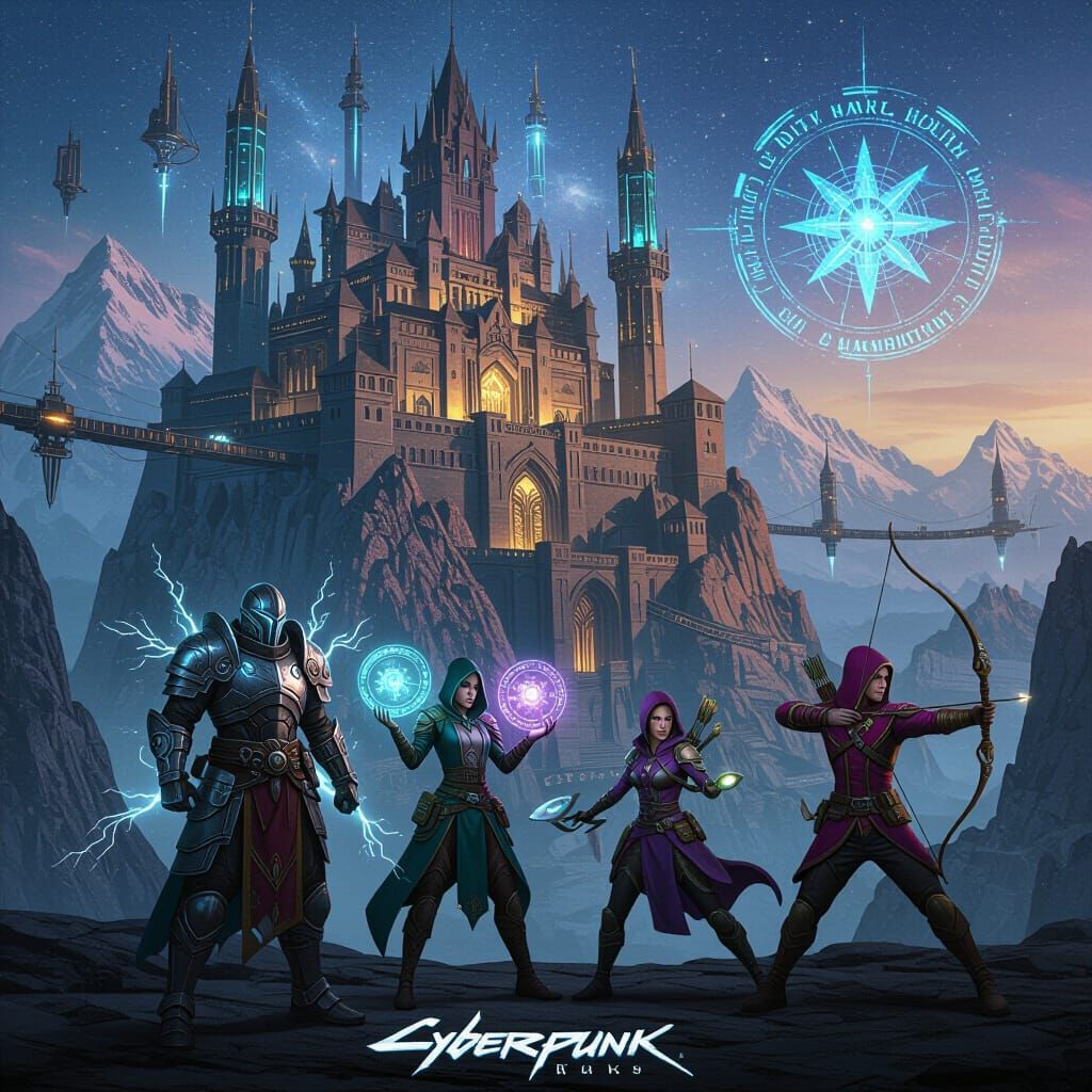 Cyberpunk Fortress on Mountain Peak with Superheroes