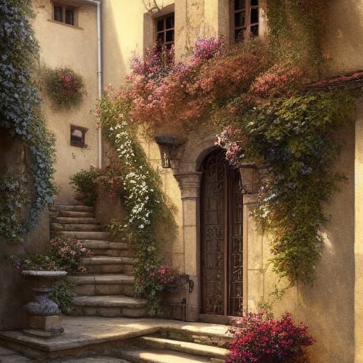 Lush Tuscan Courtyard Concept Art in 8K