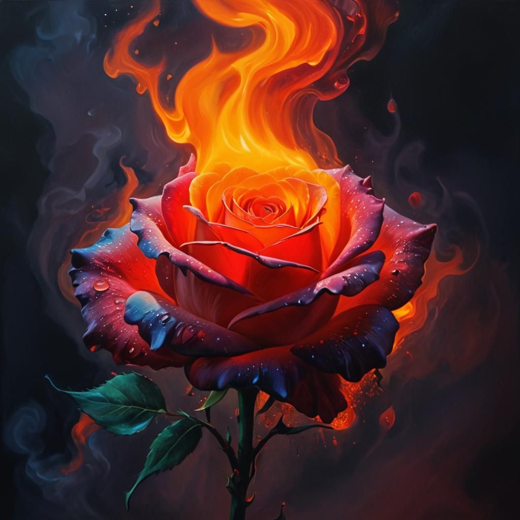 Fiery Rose: A Surreal Oil Painting