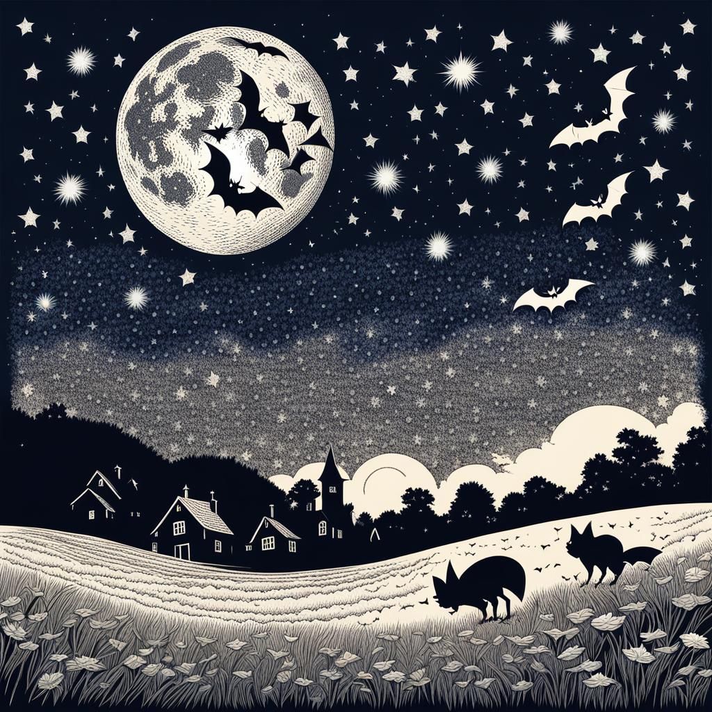 Harvest Moon with Bats in Stippled Starry Sky