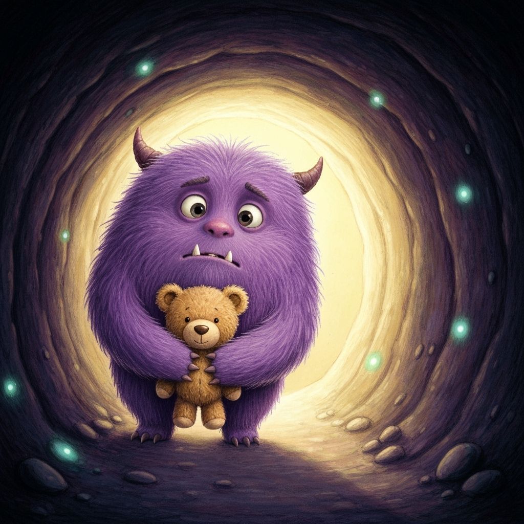 Fluffy Monster Hides Teddy Bear in Tunnel, Storybook Style