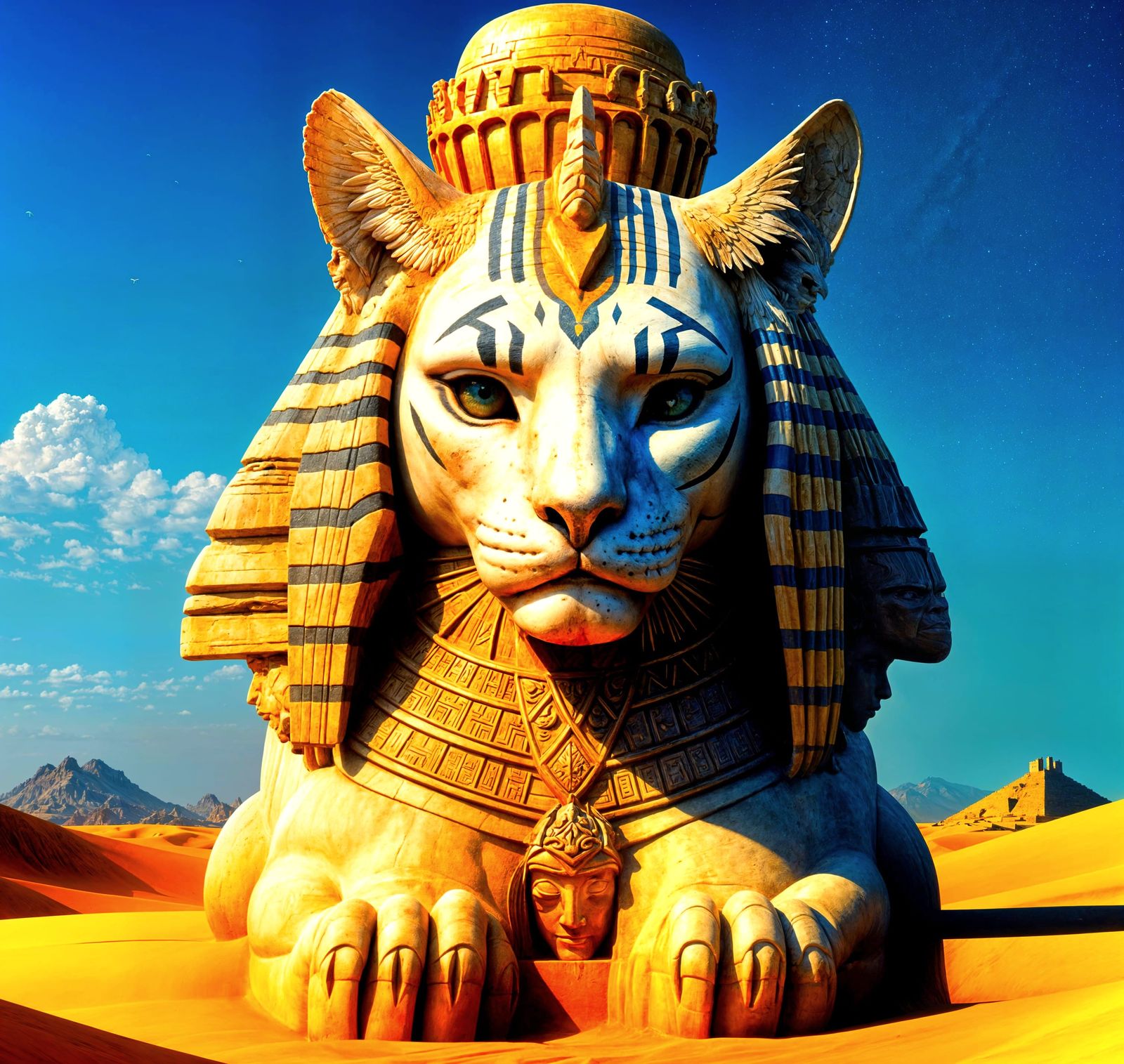 Majestic Rainbow Sphinx on Towering Ziggurat in Vibrant Dese...