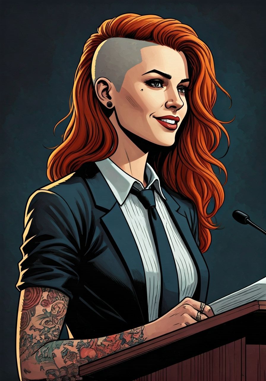 Confident Redhead Gives Speech in Graphic Novel Style