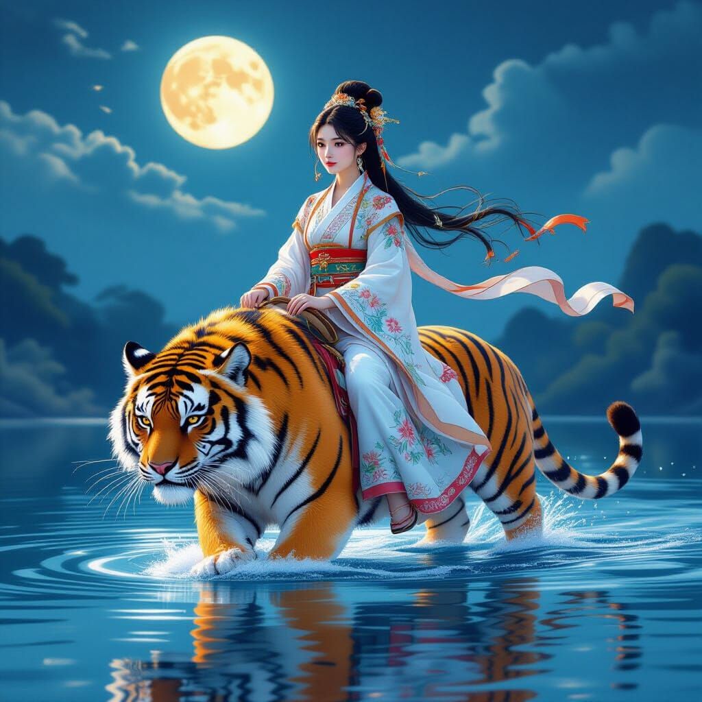 Woman in Hanfu Rides Tiger on Water