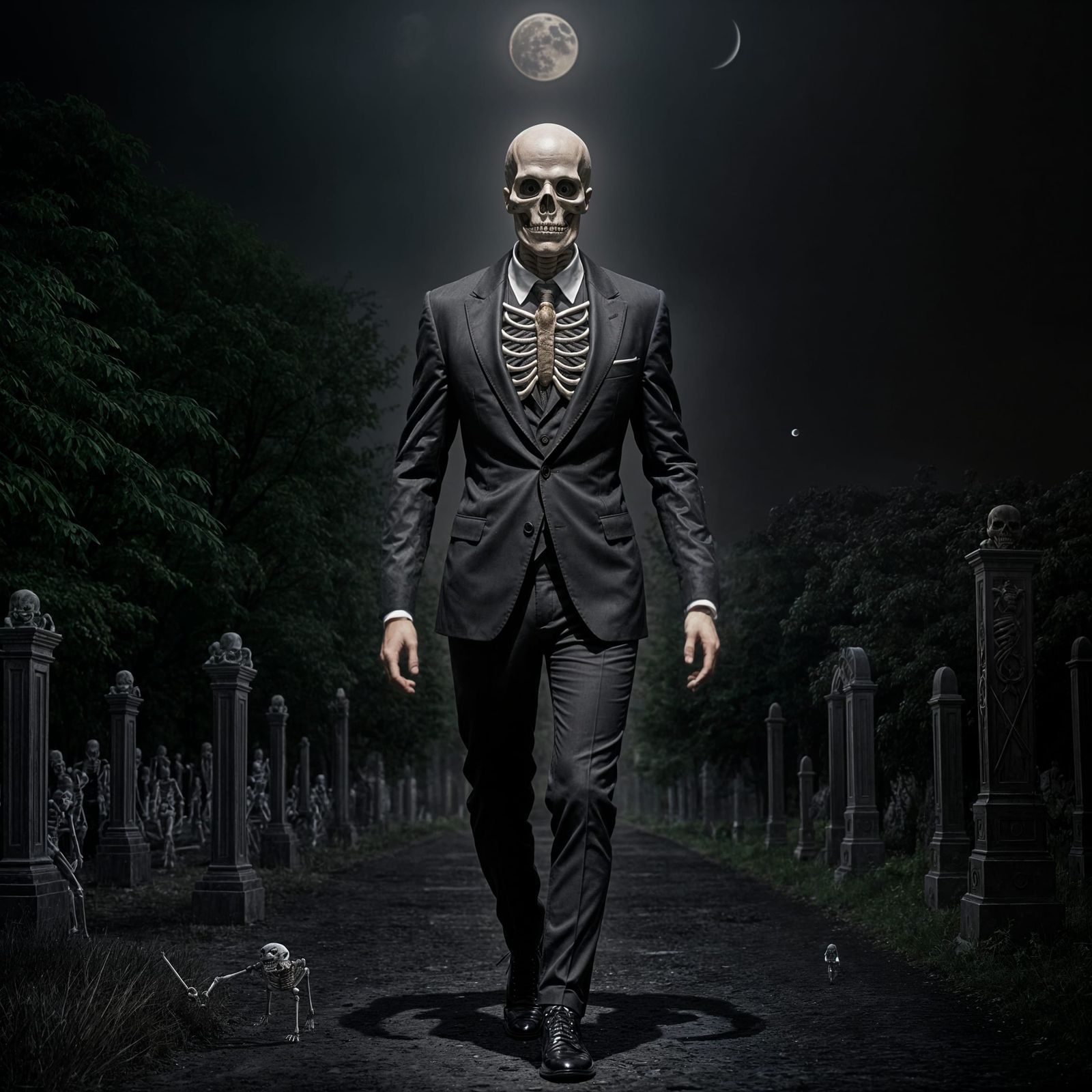 Walking Skeleton in Hyperrealistic Black Suit