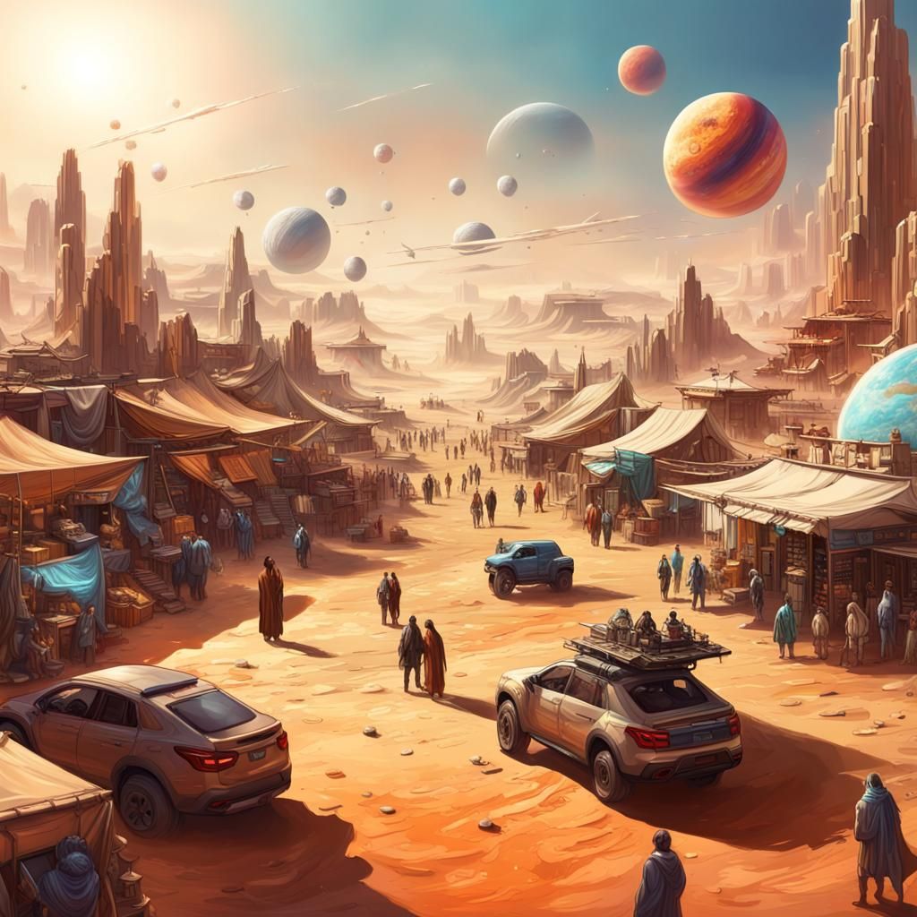 Alien Desert Marketplace Fair: Hyperrealistic Concept Art