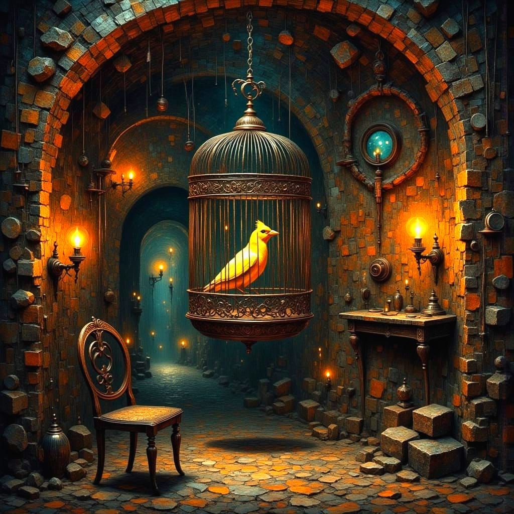 Canary in a Coal Mine Cage Illuminated by Torch