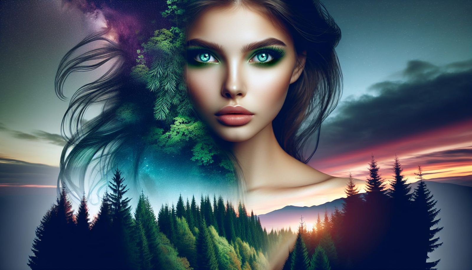 Dual Exposure: Woman and Forest at Twilight