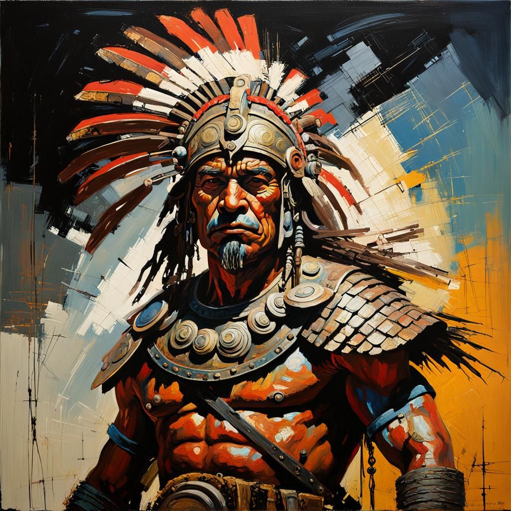 Aztec Warrior Oil Painting in Dramatic Lighting