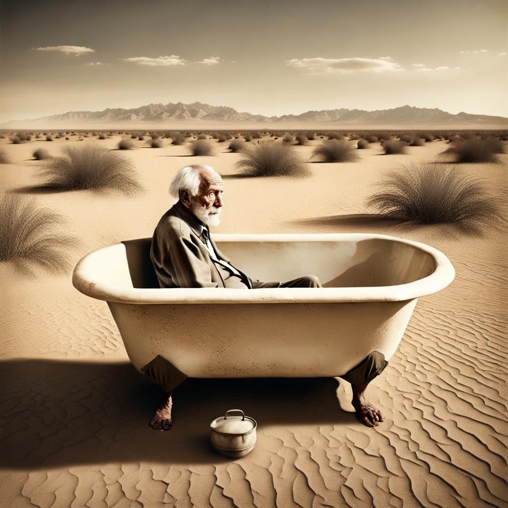 Vintage Photo of Frail Man in Desert Bathtub