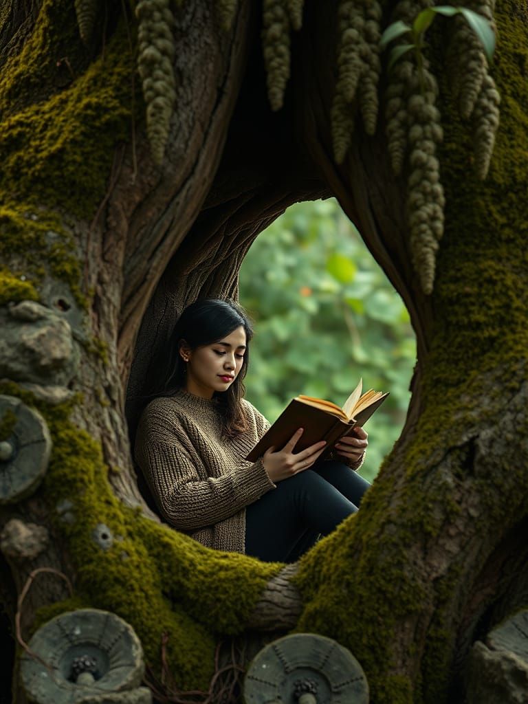 Cozy Reading Nook in Ancient Oak Tree
