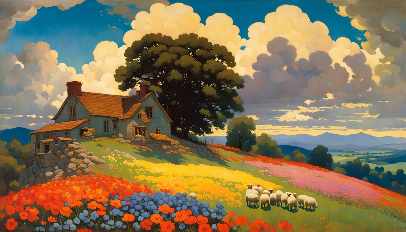 Idyllic Farmhouse Landscape with Sheep and Flowers
