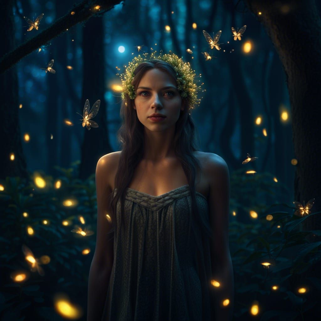 Fairy Girl in Forest with Fireflies Digital Painting