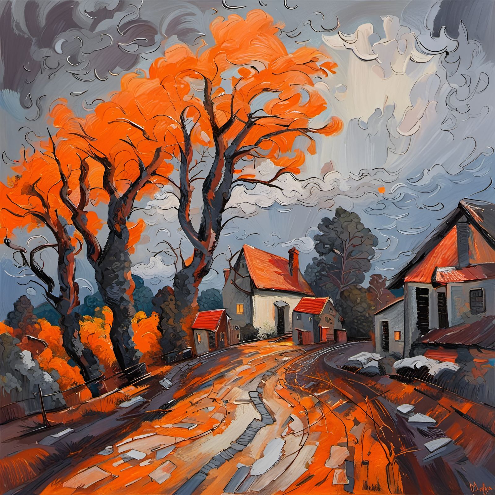 Severe storm over a small old village, bending the trees down, in orange and grey colour palette.