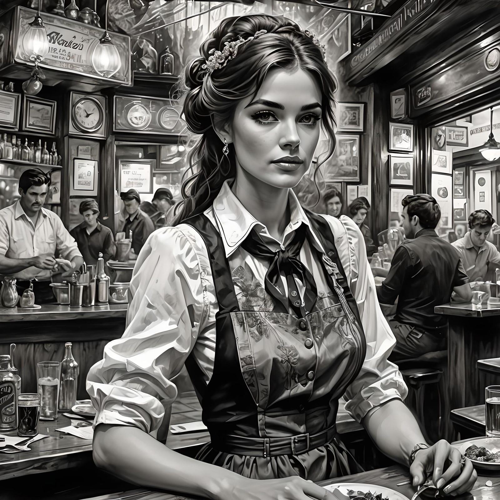 Retro 60s Waitress Portrait in Ink and Watercolor