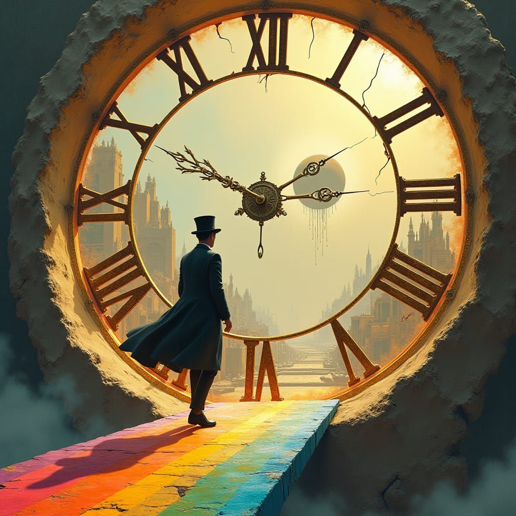 Time Traveler on Rainbow Bridge Portal as Gouache Painting