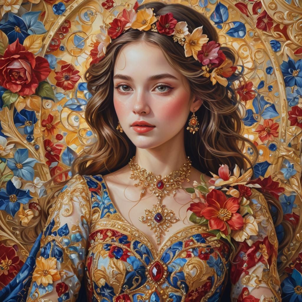 Elegant Princess in Floral Dreamscape: Surreal Oil Painting