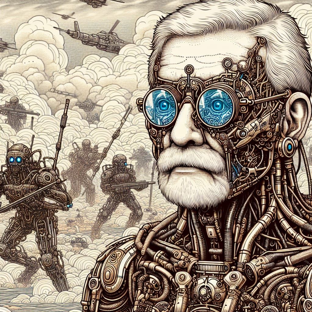 Aetherpunk Elder in Anime Style Battlefield