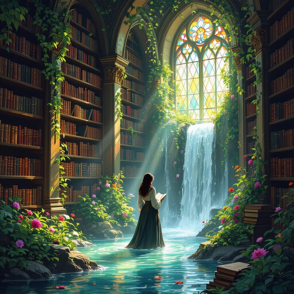 Waterfall in Ancient Library: Fantasy Art