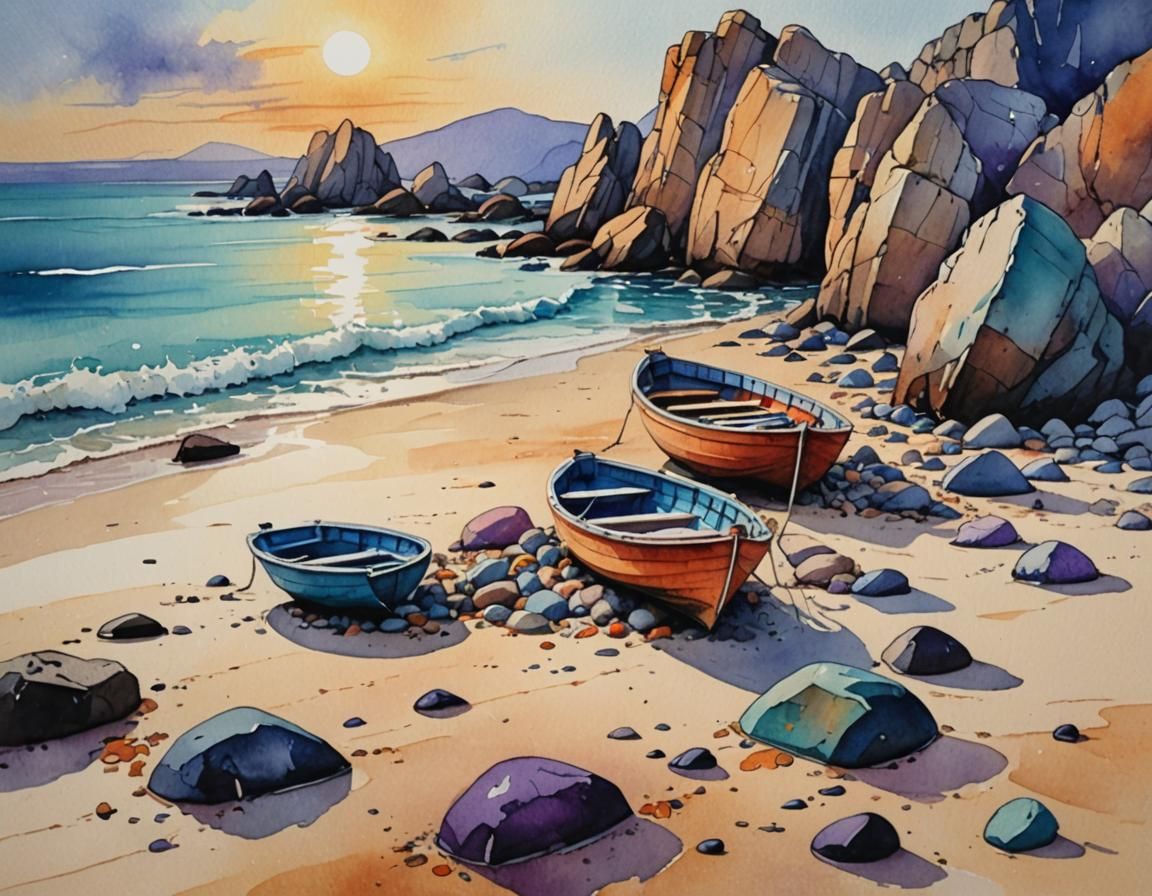 Seaside Boat Watercolor with Impasto Brushstrokes