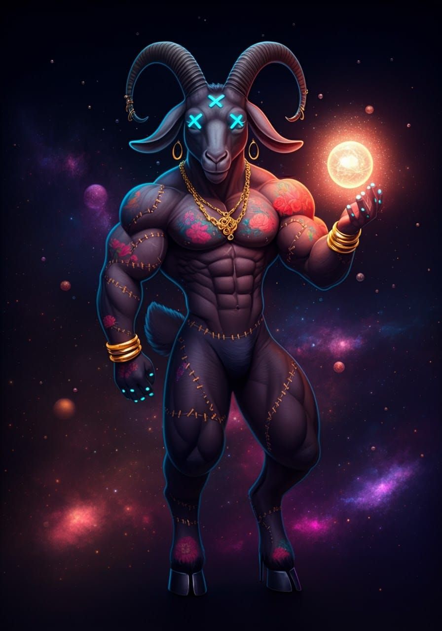 Cyberpunk Goat with Magical Sphere in Cosmic Setting