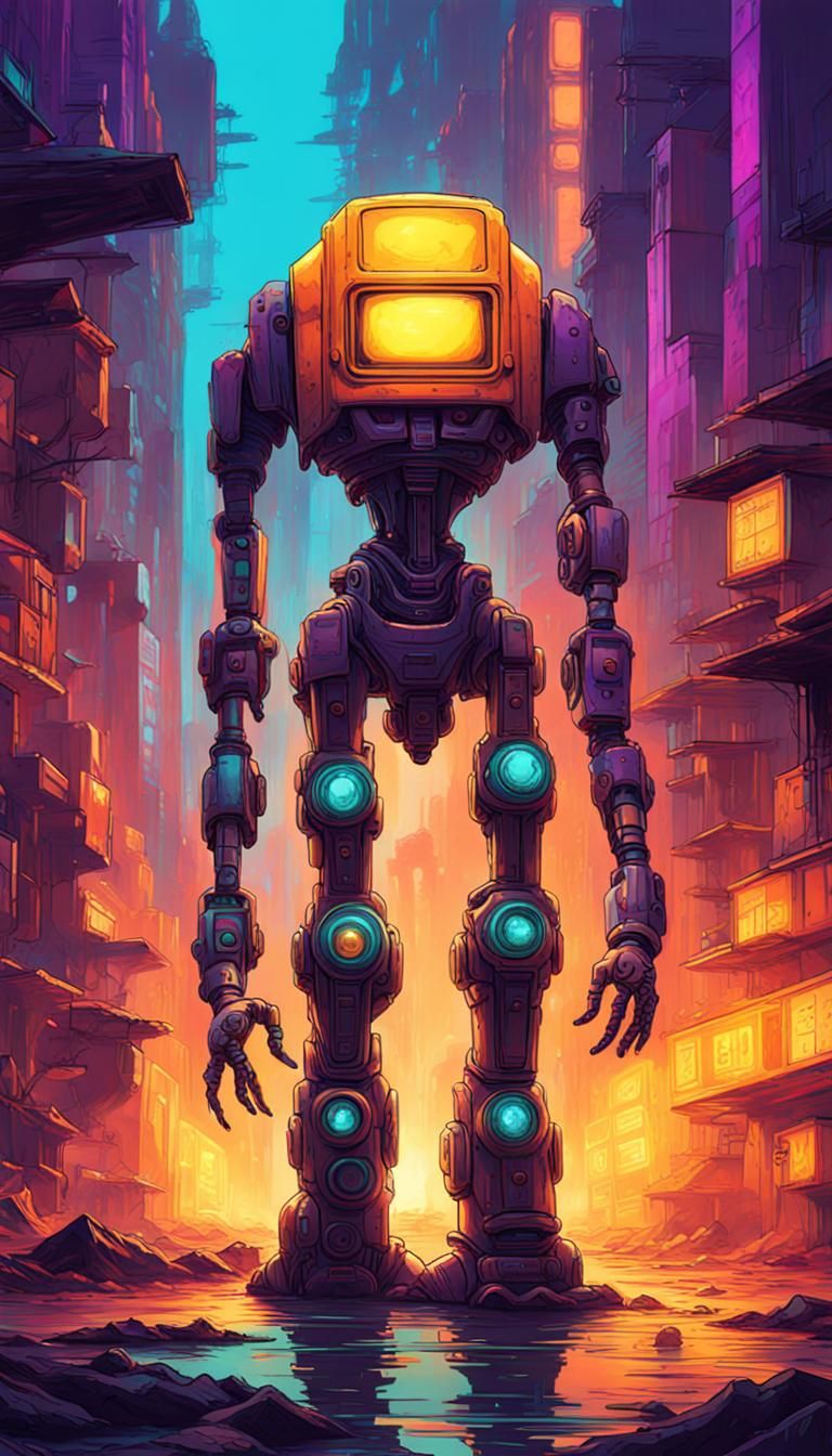 Cyberpunk Robot in Post-Apocalyptic Neon Landscape