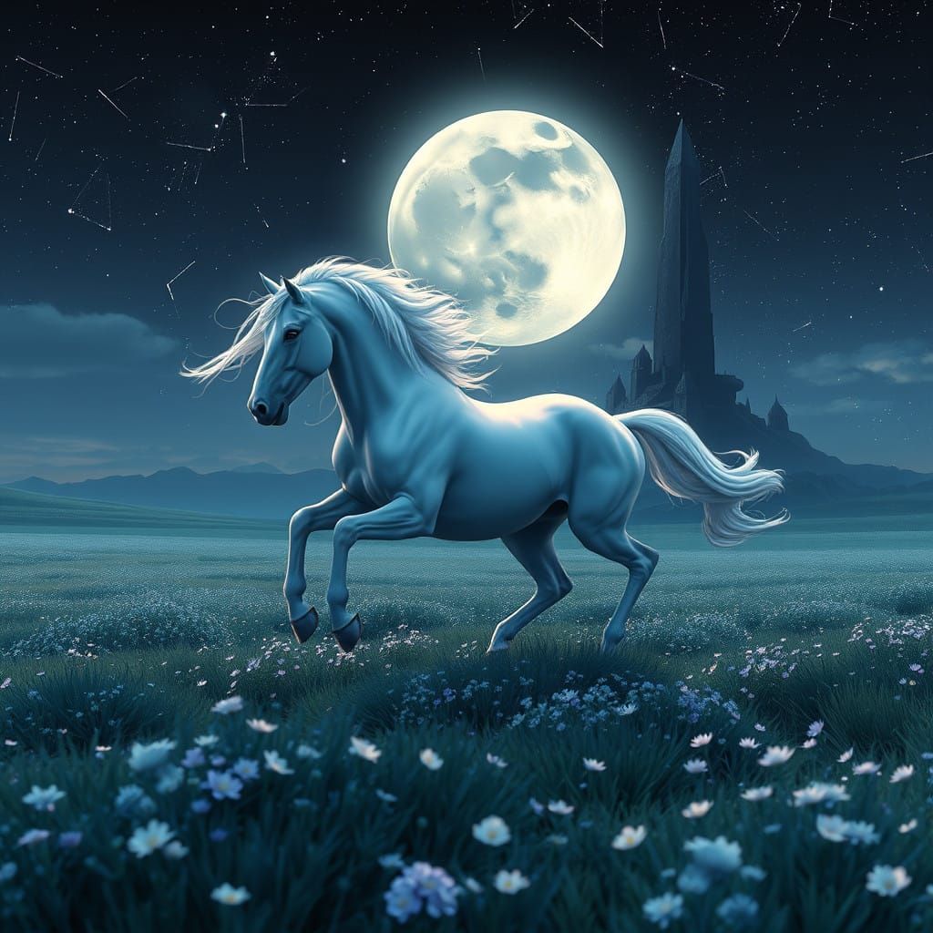 Ethereal Mare Gallops Across Starry Midnight Meadow