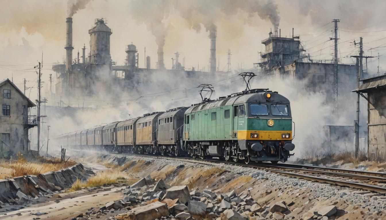 Watercolor Freight Train in Fog, Arthur Rackham Style