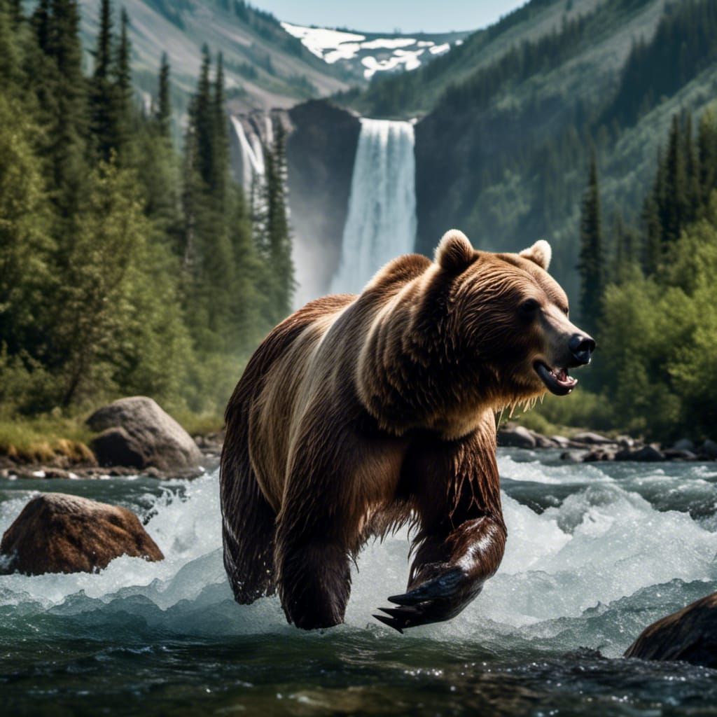 Grizzly Bear with Salmon in Mountain River
