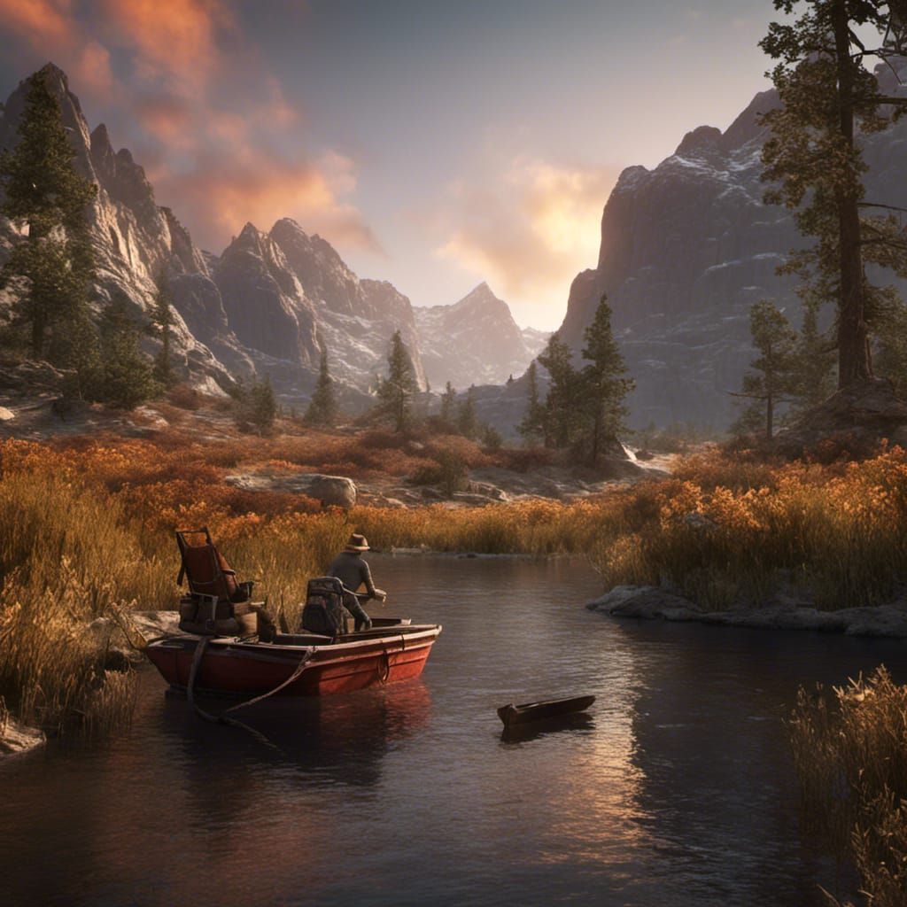 Mountain Sunrise River: Detailed Fantasy Landscape