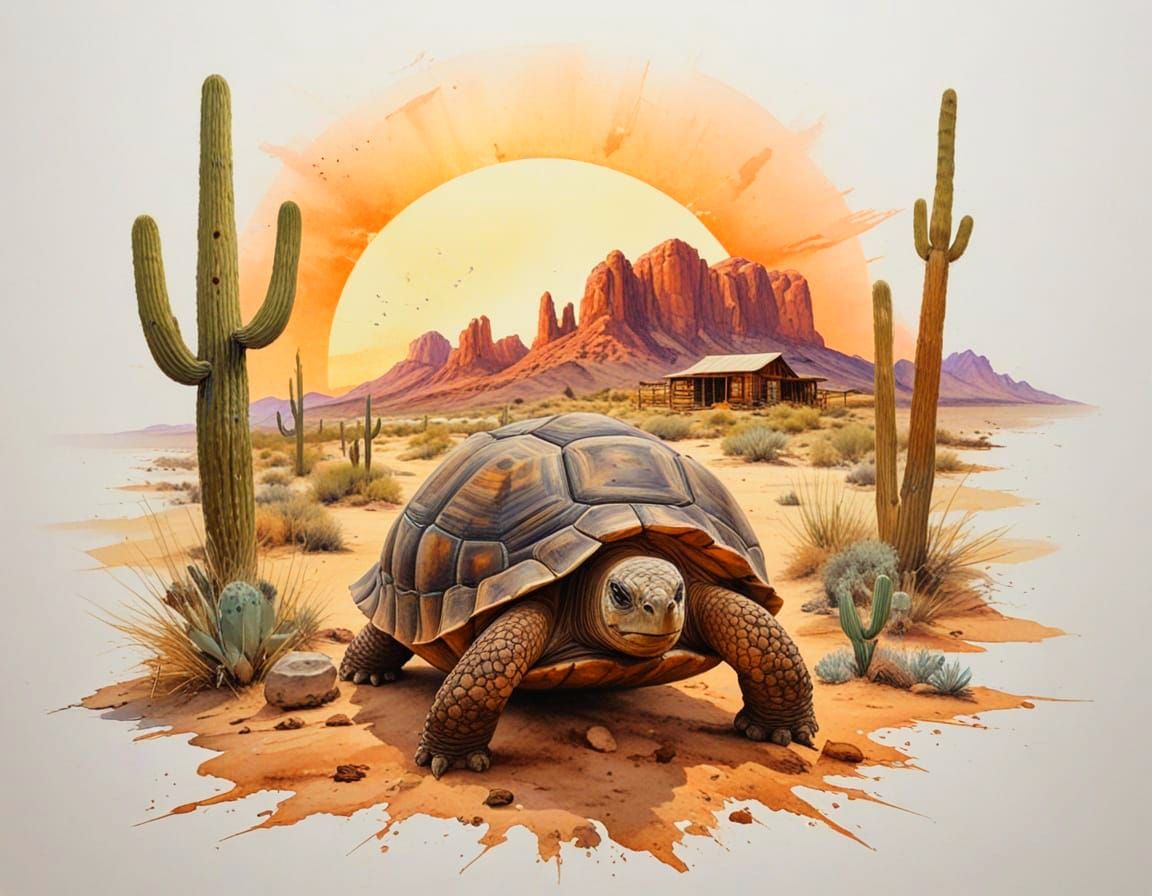 Desert Sunset: Tortoise Walks Through Cacti Landscape