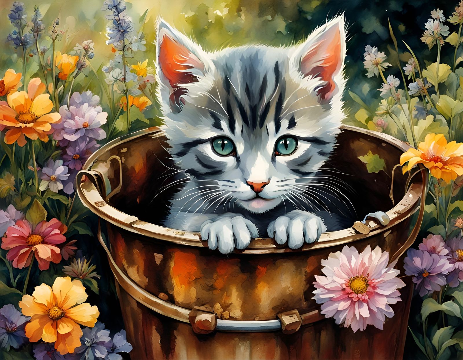 Gray Kitten in Garden: Renaissance-Style Painting