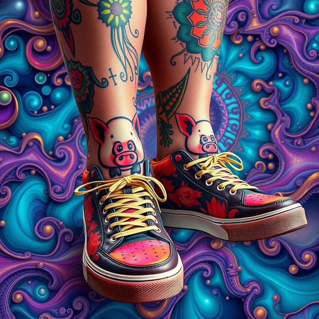 Colorful Sneakers with Pig Tattoos on Fractal Background