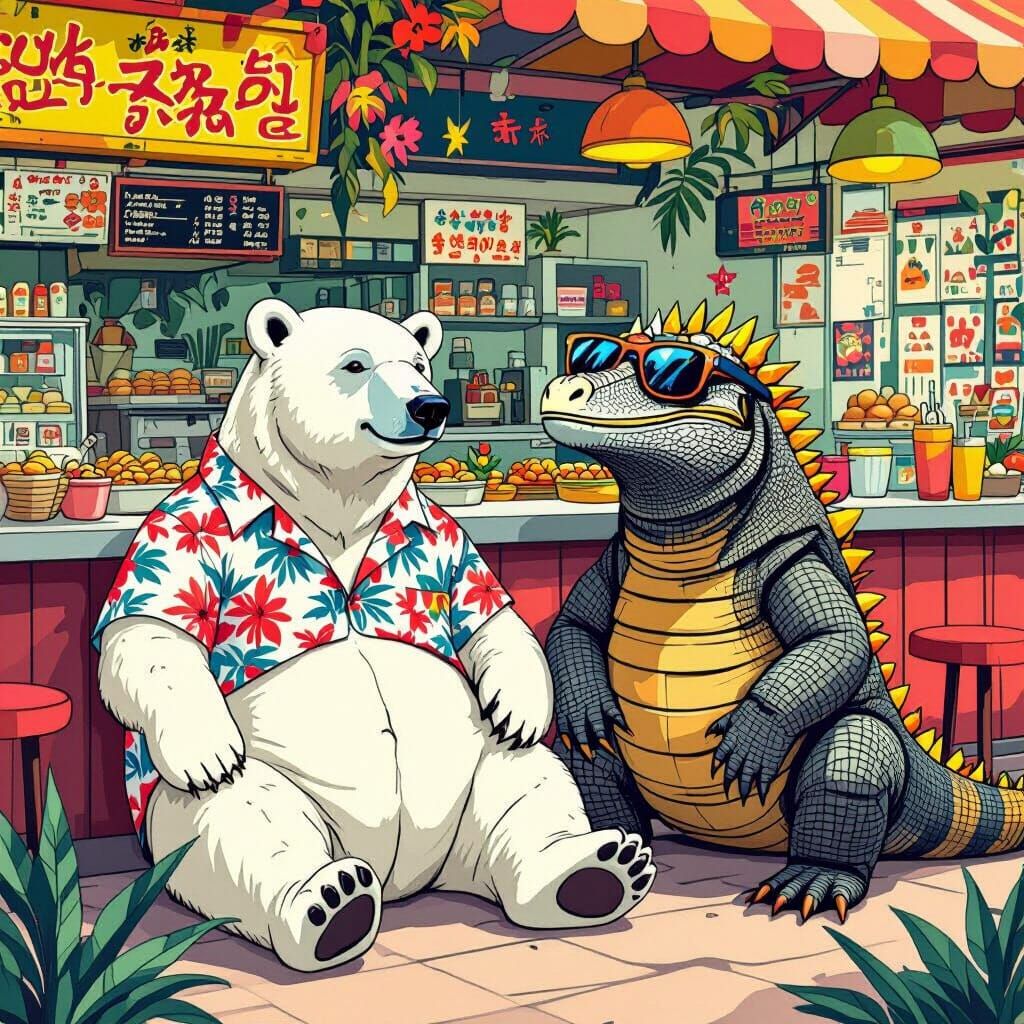 Polar Bear and Dragon Relax at Zoo Snack Bar