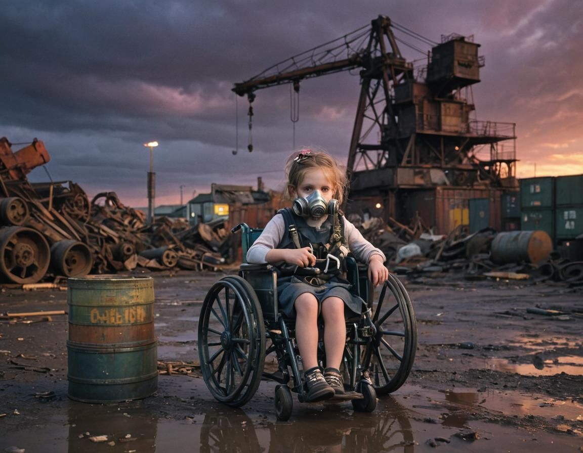 Dieselpunk Girl with Gas Mask in Industrial Port
