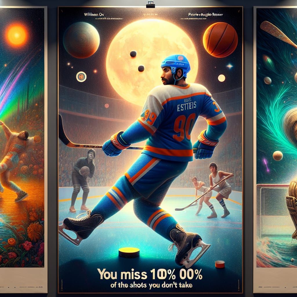 Hockey Player Scores Goal in Vibrant Surreal Sports Poster