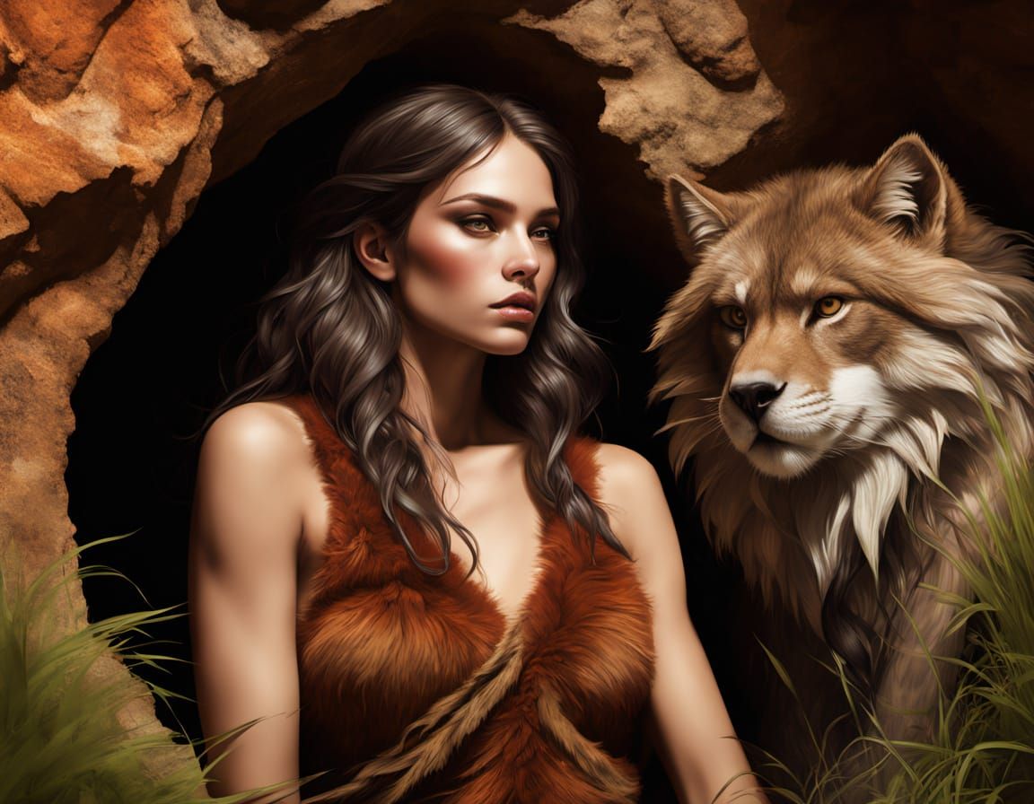 Primal Woman in Cave Corner: Hyper-Realistic Digital Art