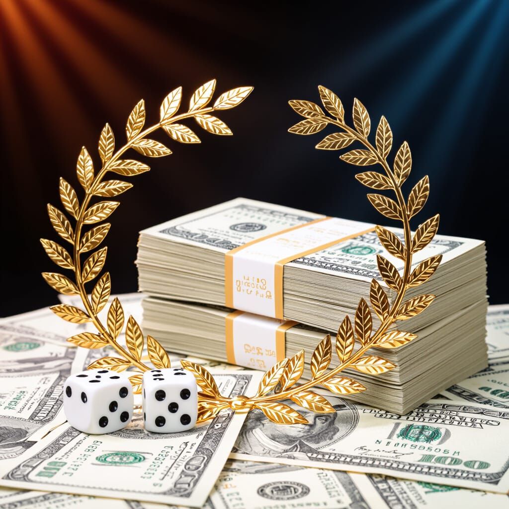 Stack of Money With Laurel Wreath and Winning Dice
