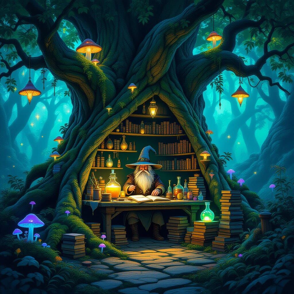 Cozy Wizard Workshop in Ancient Tree, Mystical Forest