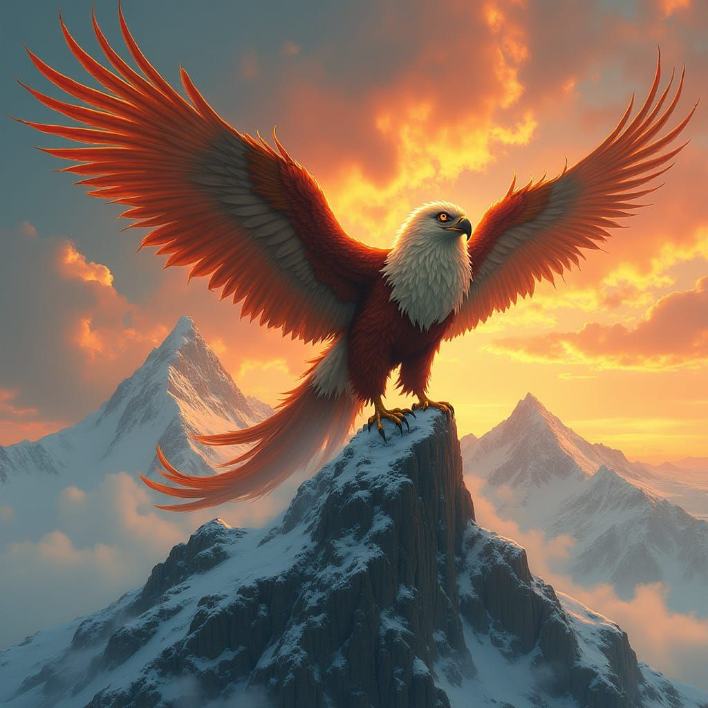 Regal Griffin Amidst Sunset Splendor on Snow-Capped Mountain