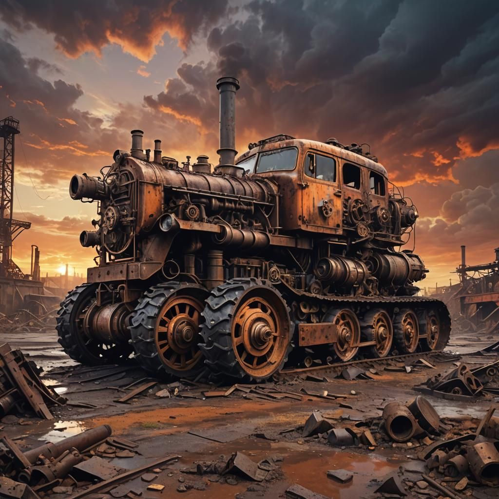 Dieselpunk All-Terrain Machine in Ruined Wasteland