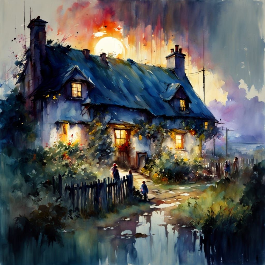 Watercolor Fairytale Country Cottages at Sunset