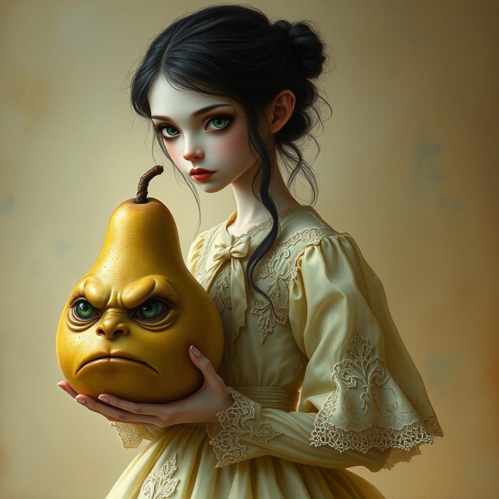 Ethereal Waif Carries Oversized, Human-Faced Pear in Whimsic...