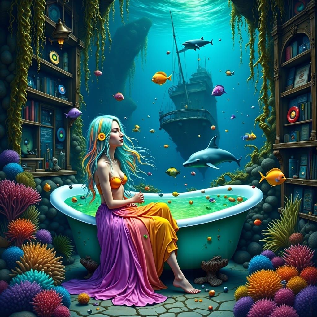 Rainbow-Hued Mermaid Listens to Music in an Underwater Recor...