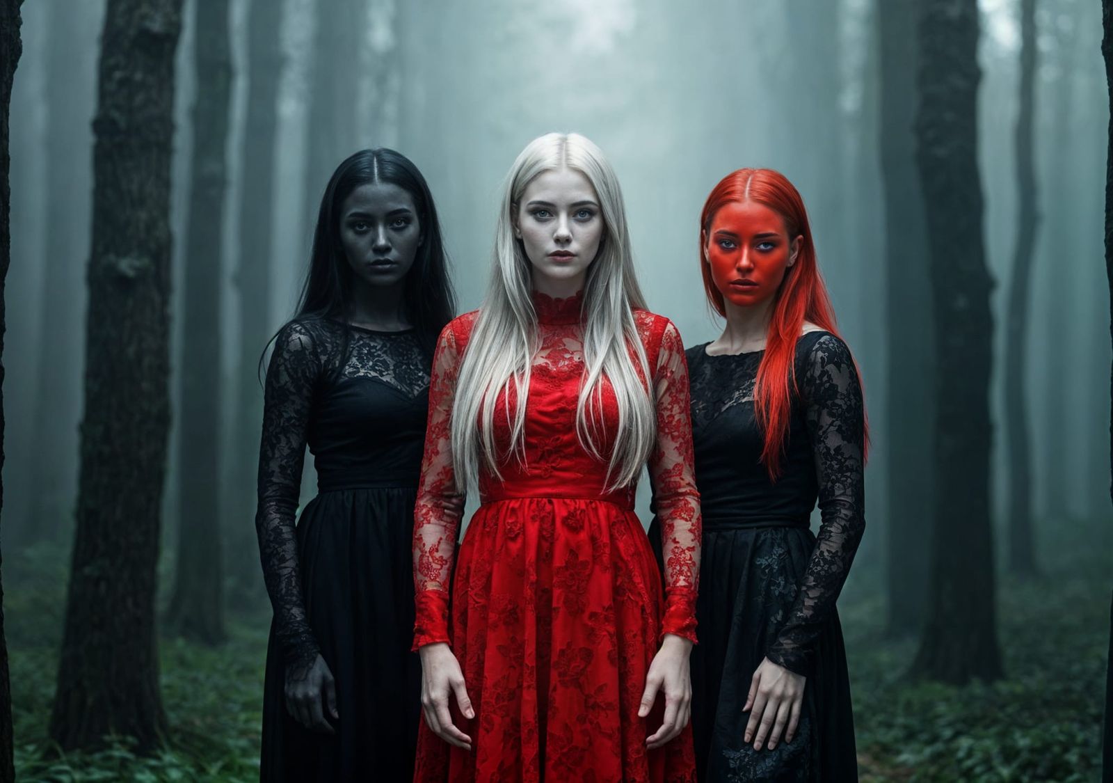 Three Women in Lace Dresses in Misty Forest
