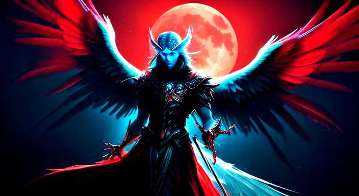 Mythical Angel with Neon Wings and Moon