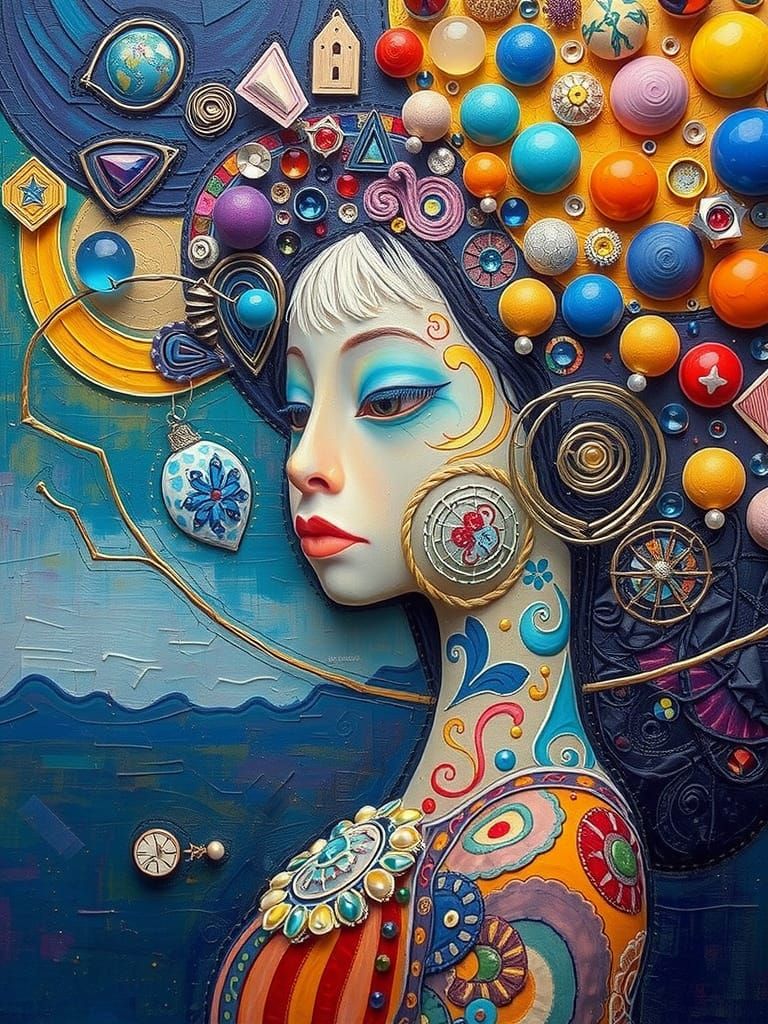 Whimsical, Layered Character in Mixed Media